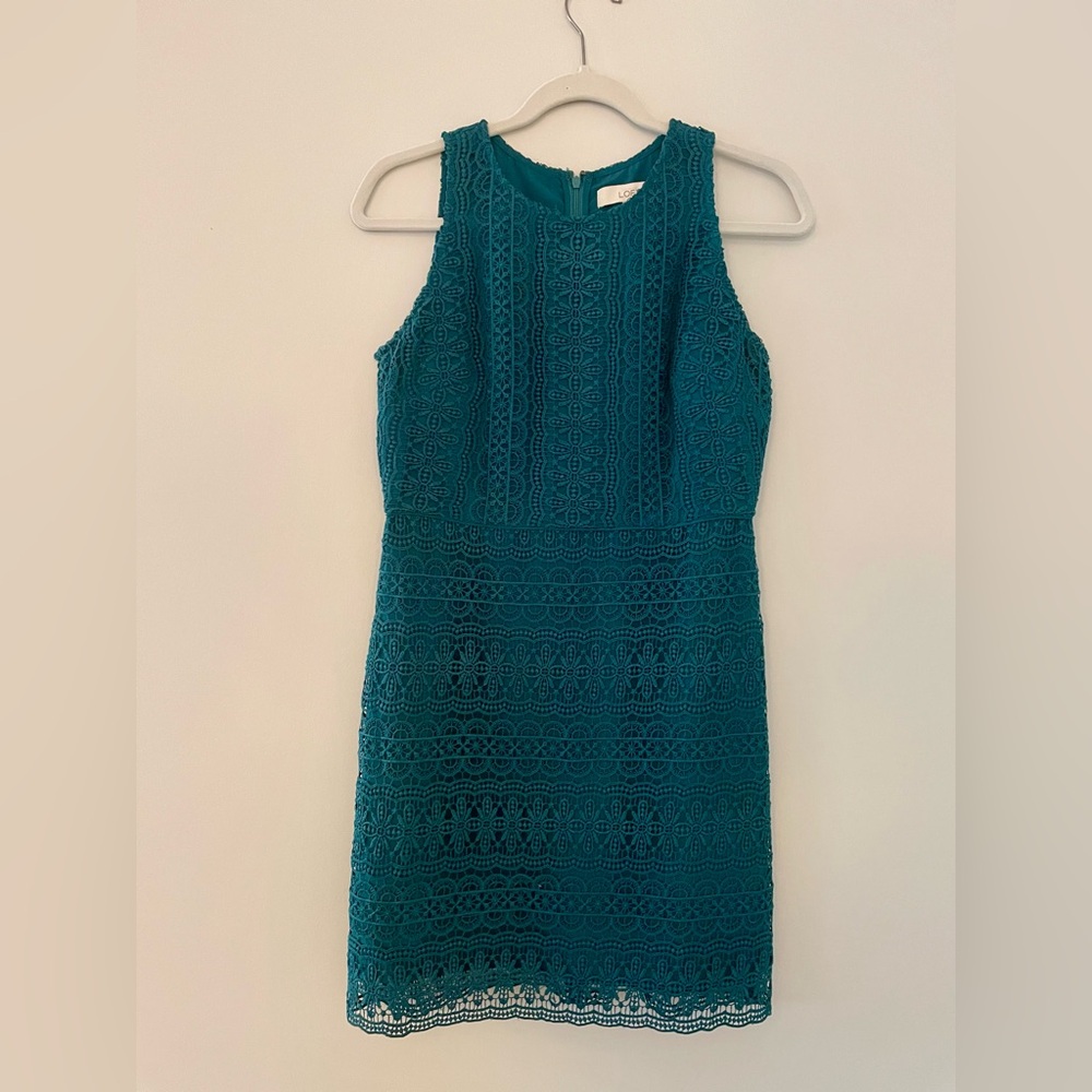 Ann Taylor LOFT Petite Lace Flare Dress, Dark Turquoise, 4P